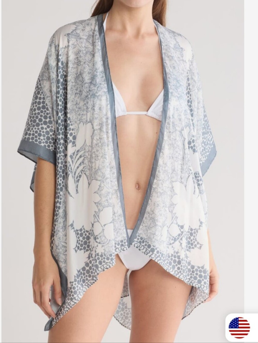 Women's Free Size Kimono Geometric Pattern Lightweight Duster Grey